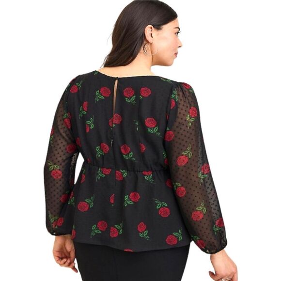 TORRID Plus Size New Peplum Chiffon Clip Dot Floral Rose Puff Sleeve Top. - Picture 10 of 16